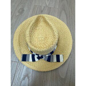 Womens Straw Sun Hat With Navy & White Ribbon Band UPF 50+ Protection Wide Brim